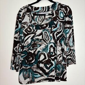 Chicos Travelers Abstract Print Tunic Top 3/4 Sleeve‎ Square Neck Women Size 2